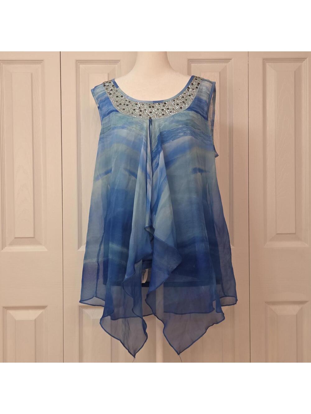 Flowy Blue Fairy Tunic Tank Top Size L Y2K Boho Asymmetrical Hem Beaded Blouse